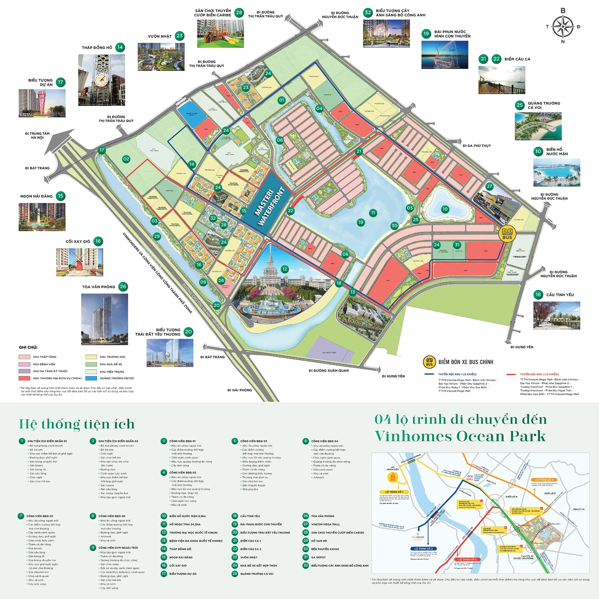 Sơ đồ tổng thể quy hoạch dự án Masteri Waterfront với các phân khu và tiện ích