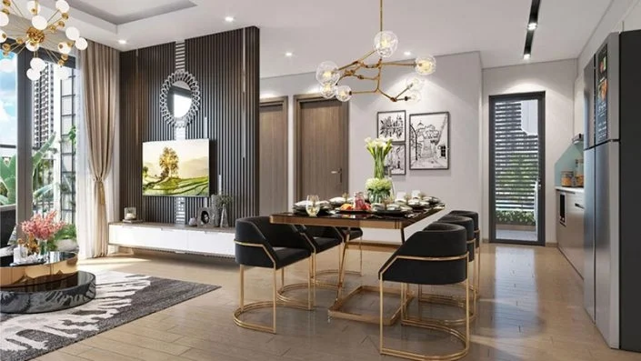 Nội thất phòng khách và phòng ăn căn hộ với bàn ăn dài, ghế bọc nệm đen, đèn chùm và khu vực giải trí có TV.