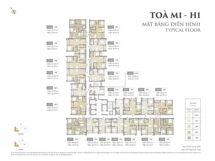 Mặt bằng điển hình tầng căn hộ tòa M1 - H1 với các loại hình căn hộ và diện tích chi tiết