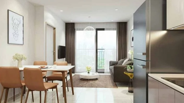 Không gian phòng khách và phòng ăn liền kề trong căn hộ với nội thất hiện đại
