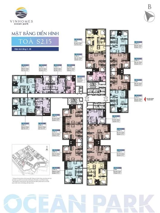 Mặt bằng điển hình tòa S2.15 với các căn hộ và bố trí phòng chi tiết