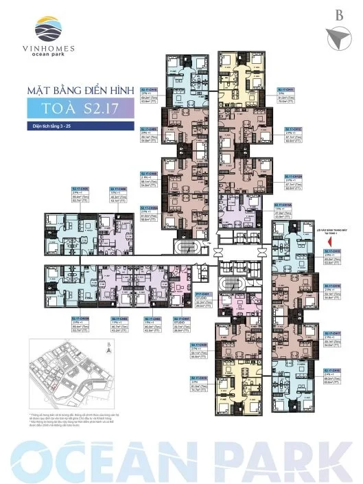 Mặt bằng điển hình tầng 3-25 tòa S2.17 của dự án Vinhomes Ocean Park