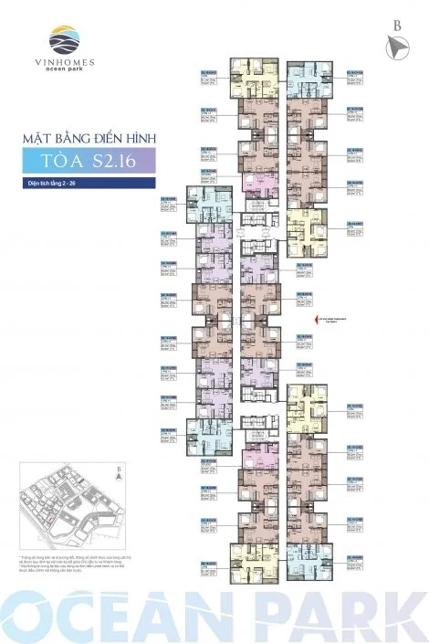 Mặt bằng điển hình tòa S2.16 từ tầng 2 đến 26 với bố trí các căn hộ