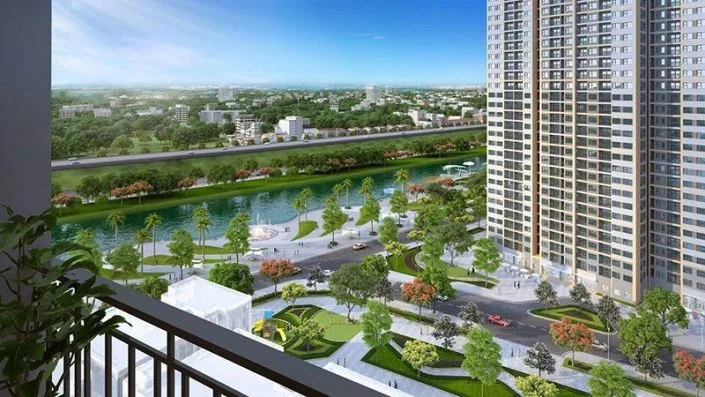 Toàn cảnh sông, công viên xanh và khu đô thị nhìn từ ban công căn hộ cao tầng