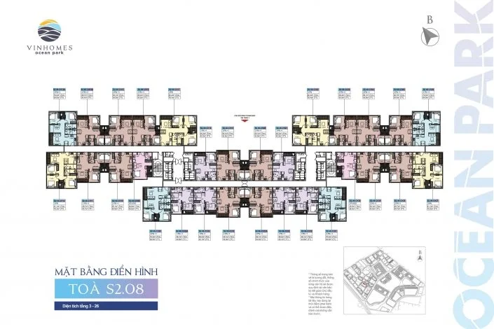 Mặt bằng điển hình tầng căn hộ tòa S2.08 của dự án Vinhomes Ocean Park, hiển thị bố cục các căn hộ và khu vực chung