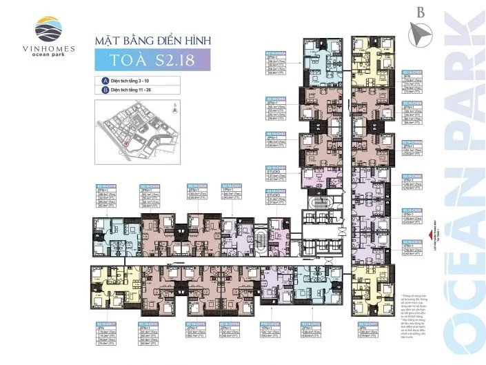 Mặt bằng điển hình các căn hộ tòa S2.18 Vinhomes Ocean Park