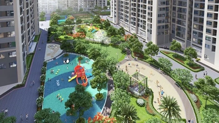 Khu vui chơi trẻ em và công viên xanh mát giữa các tòa nhà cao tầng
