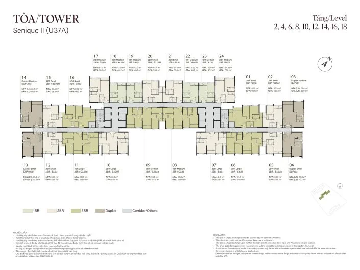 Mặt bằng tầng 2, 4, 6, 8, 10, 12, 14, 16, 18 Tòa The Senique 2 The Senique Hanoi