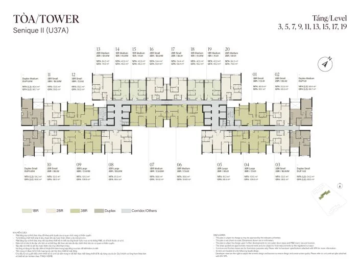 Mặt bằng tầng 3, 5, 7, 9, 11, 13, 15, 17, 19 Tòa The Senique 2 The Senique Hanoi