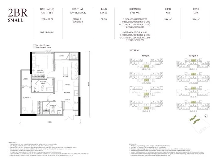 Mặt bằng căn hộ 2PN 54.4m2 Tòa The Senique 2 The Senique Hanoi