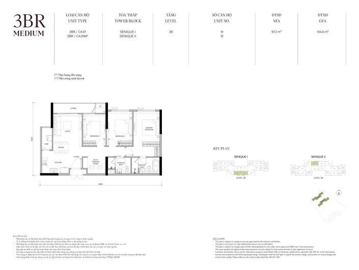 Mặt bằng căn hộ 3PN 97.3m2 Tòa The Senique 2 The Senique Hanoi