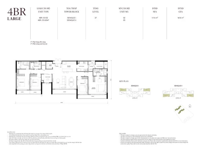 Mặt bằng căn hộ 4PN 177.5m2 Tòa The Senique 2 The Senique Hanoi