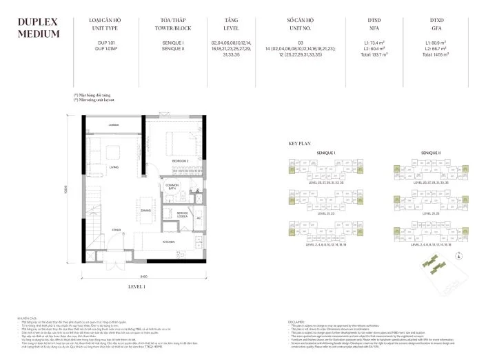 Mặt bằng căn hộ Duplex 133.7m2 tầng 1 Tòa The Senique 2 The Senique Hanoi