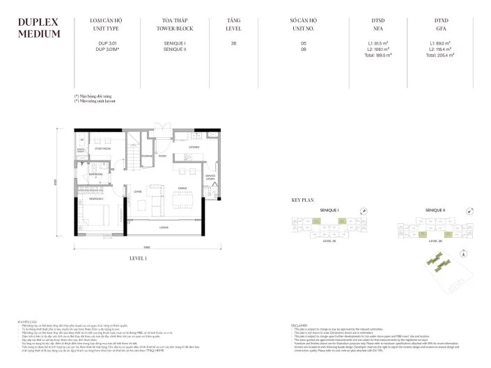 Mặt bằng căn hộ Duplex 189.5m2 tầng 1 Tòa The Senique 2 The Senique Hanoi