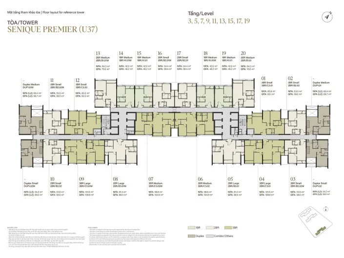 Mặt bằng tầng 3, 5, 7, 9, 11, 13, 15, 17, 19 tòa The Senique Premier