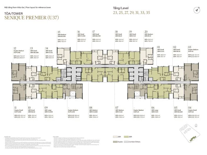 Mặt bằng tầng 23, 25, 27, 29, 31, 33, 35 tòa The Senique Premier