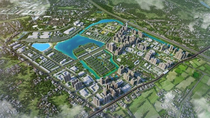 Toàn cảnh quy hoạch tổng thể dự án khu đô thị lớn nhìn từ trên cao với hồ nước trung tâm và các khu dân cư