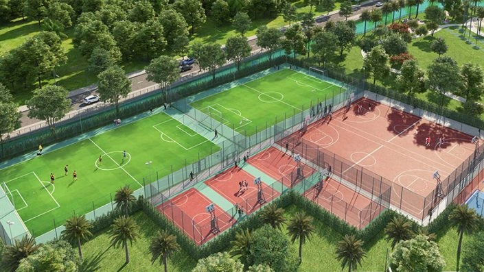 Sân bóng đá mini và cụm sân bóng rổ, sân đa năng ngoài trời giữa không gian xanh