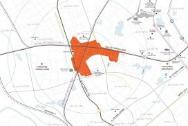 Bản đồ vị trí tổng thể dự án với khu vực được đánh dấu màu cam và các tuyến đường chính