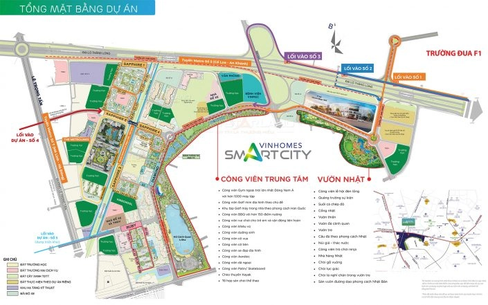 Mặt bằng tổng thể dự án Vinhomes Smart City với các phân khu, công viên trung tâm và vườn Nhật