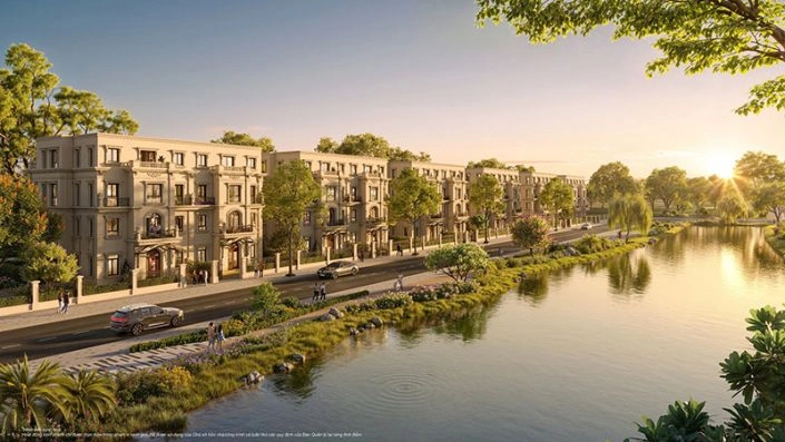 Dãy nhà phố biệt thự ven sông với kiến trúc hiện đại và cây xanh bao quanh