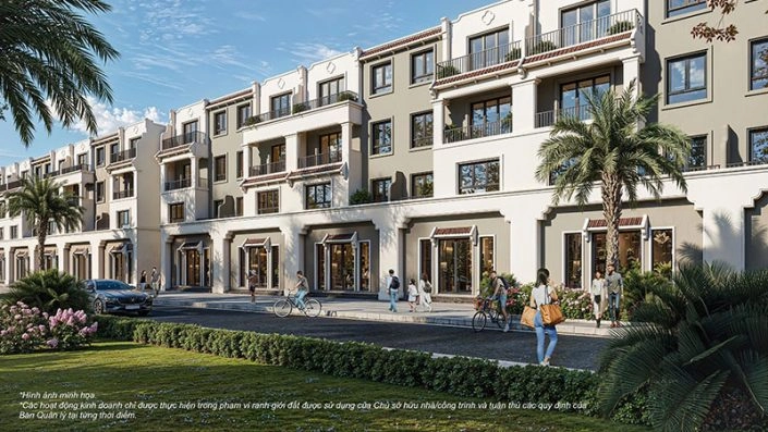 Dãy nhà phố thương mại hiện đại với ban công và hàng cây xanh ven đường