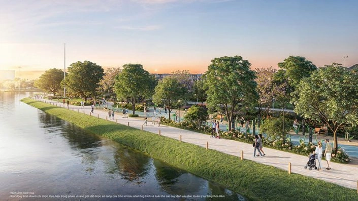 Con đường đi bộ ven sông với không gian xanh mát và khu vui chơi ngoài trời
