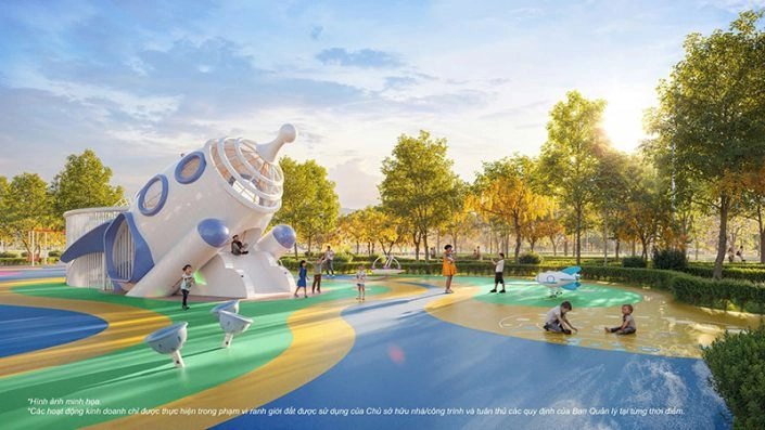 Sân chơi trẻ em chủ đề không gian với mô hình tên lửa lớn và các trò chơi sáng tạo