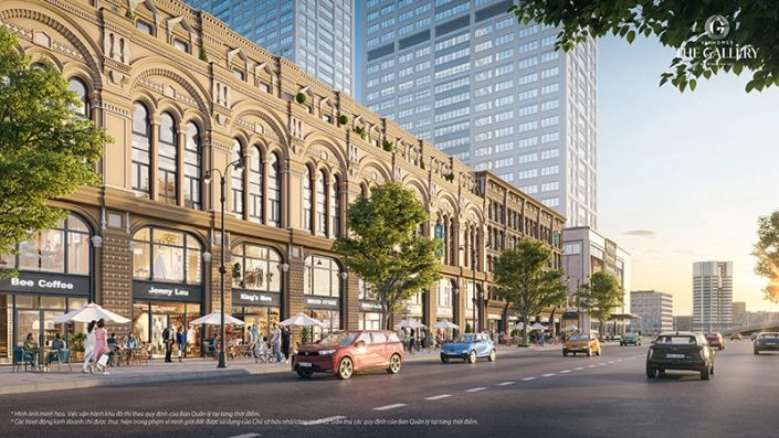 Phối cảnh dãy nhà phố thương mại The Gallery với kiến trúc cổ điển và các cửa hàng sầm uất