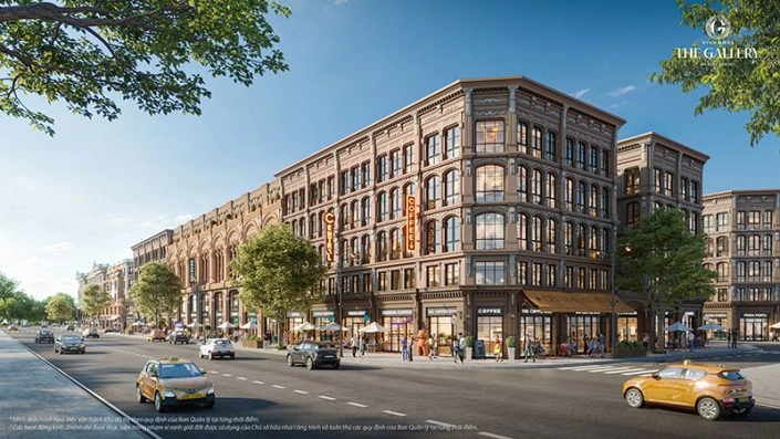 Phối cảnh tổng quan dãy nhà phố thương mại The Gallery với kiến trúc cổ điển đặc trưng và đường phố sầm uất