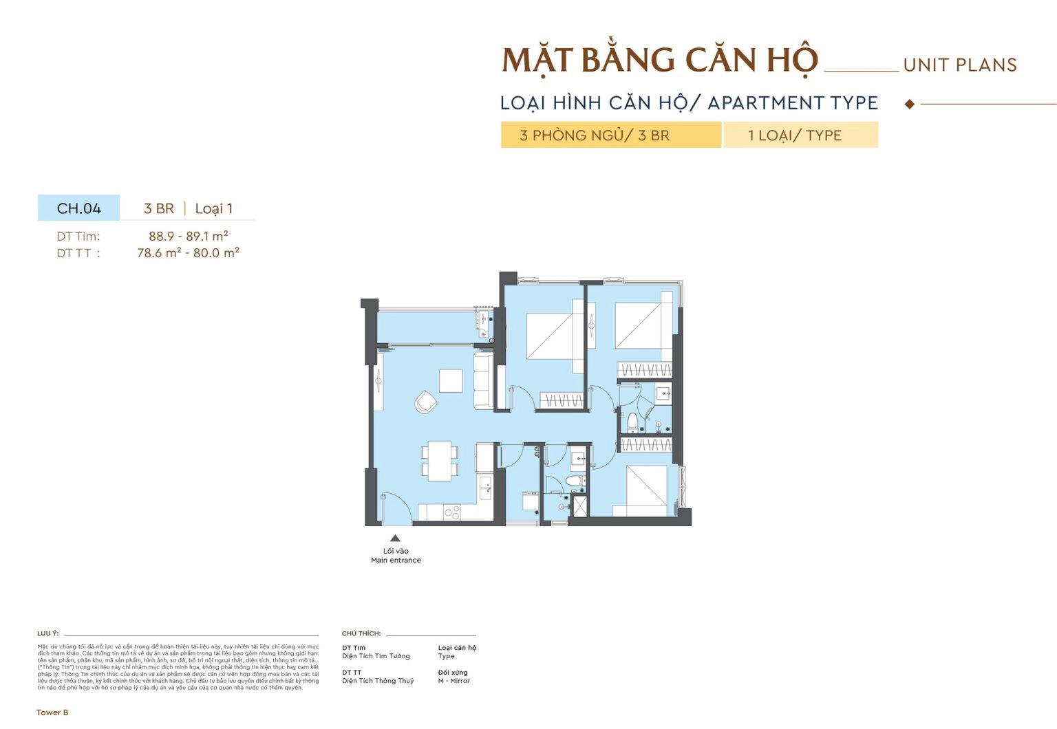 Mặt bằng căn hộ 3 phòng ngủ loại 1 với diện tích 88.9 m2 đến 89.1 m2