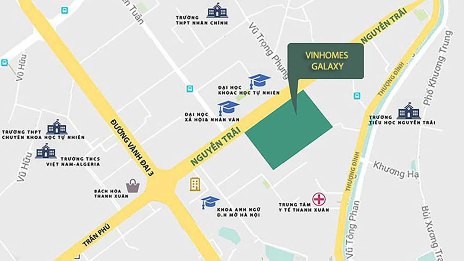 Bản đồ vị trí dự án Vinhomes Galaxy trên đường Nguyễn Trãi, Thanh Xuân, Hà Nội