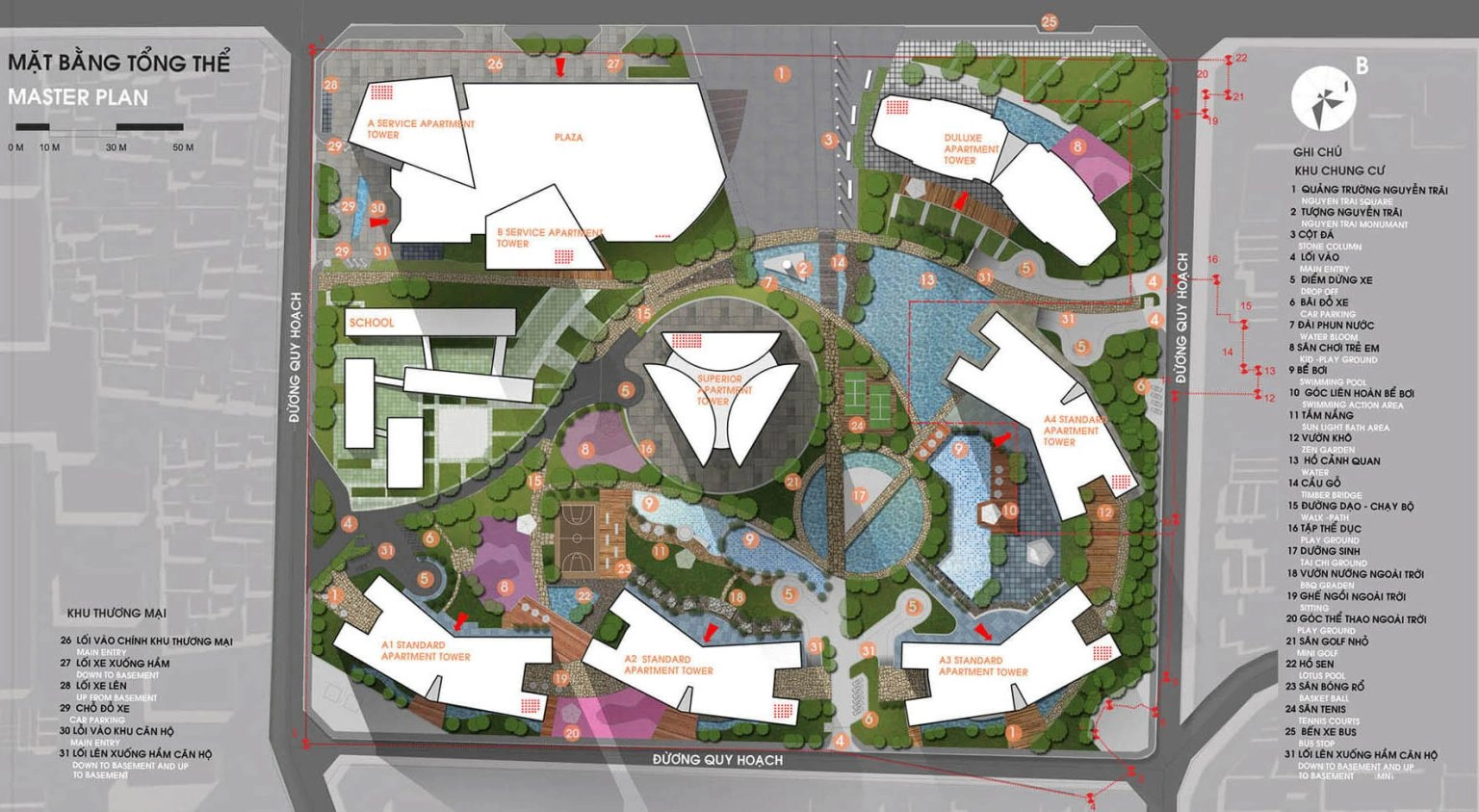Mặt bằng tổng thể quy hoạch dự án với các tòa căn hộ, tiện ích nội khu và cảnh quan