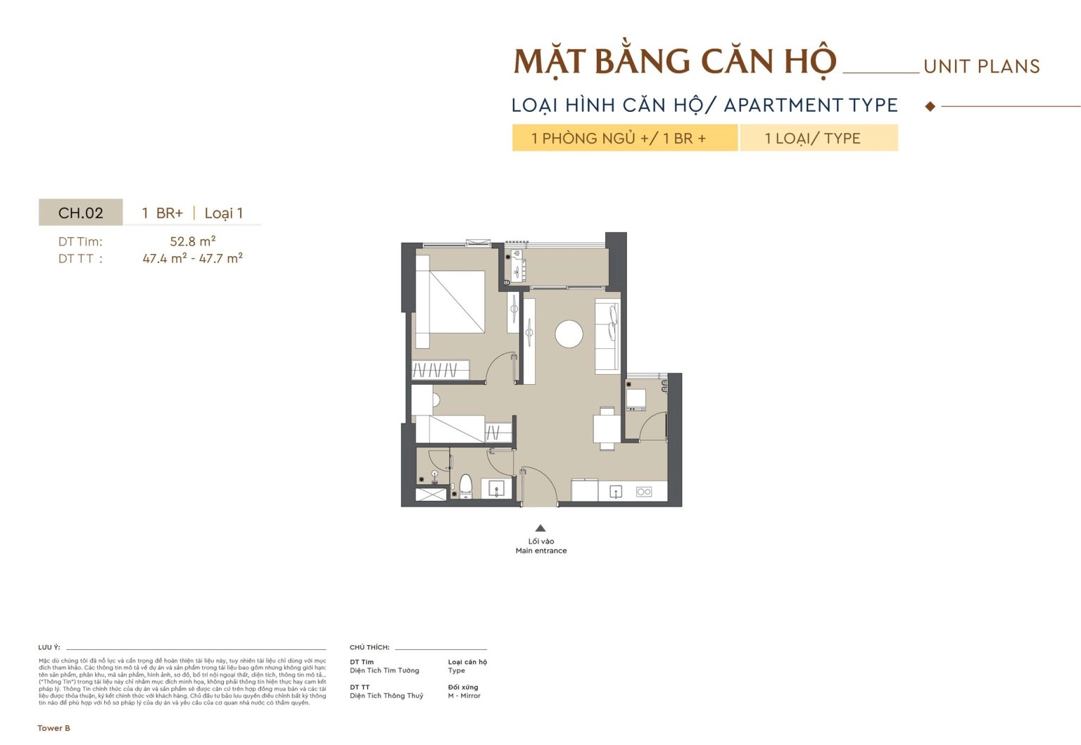 Mặt bằng căn hộ 1 phòng ngủ loại 1 với diện tích 52.8 m2