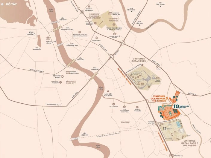 Bản đồ vị trí tổng thể dự án Vinhomes Ocean Park 2 The Crown và The Empire, kết nối với trung tâm Hà Nội và các tuyến đường huyết mạch