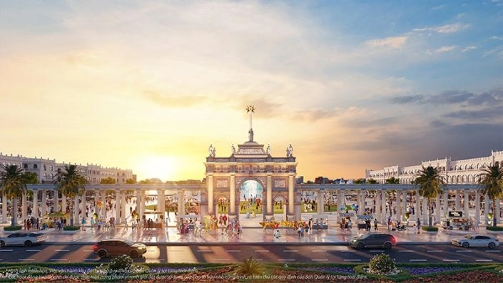 Cổng chào dự án kiến trúc cổ điển với quảng trường rộng lớn và ánh hoàng hôn