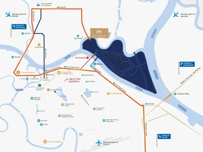 Bản đồ vị trí dự án Royal Island kết nối đến các sân bay và trung tâm thành phố