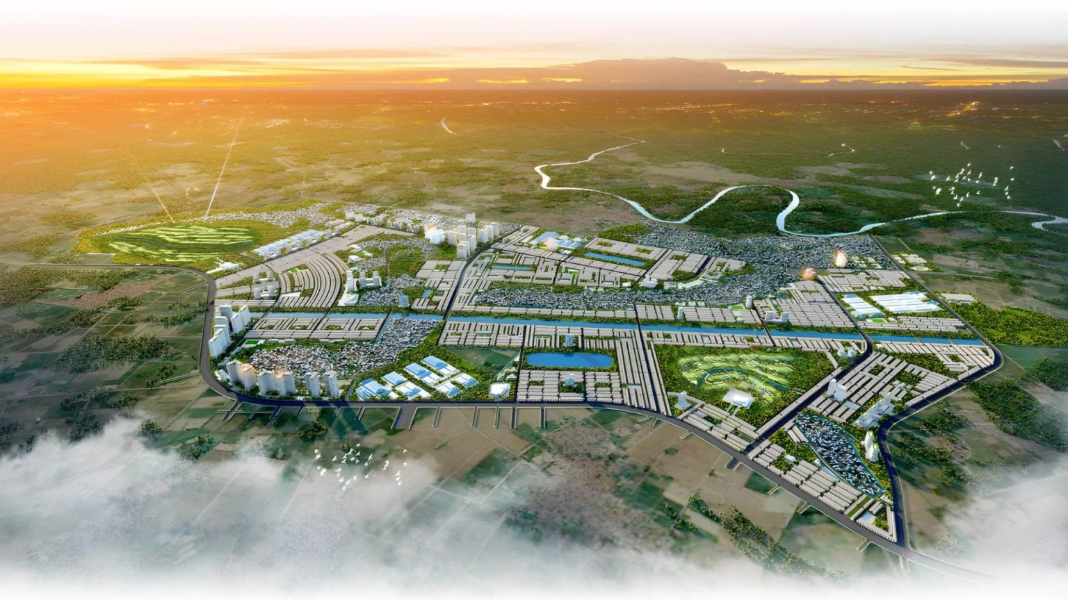 Toàn cảnh quy hoạch tổng thể khu đô thị mới nhìn từ trên cao với sông và cánh đồng bao quanh lúc bình minh.