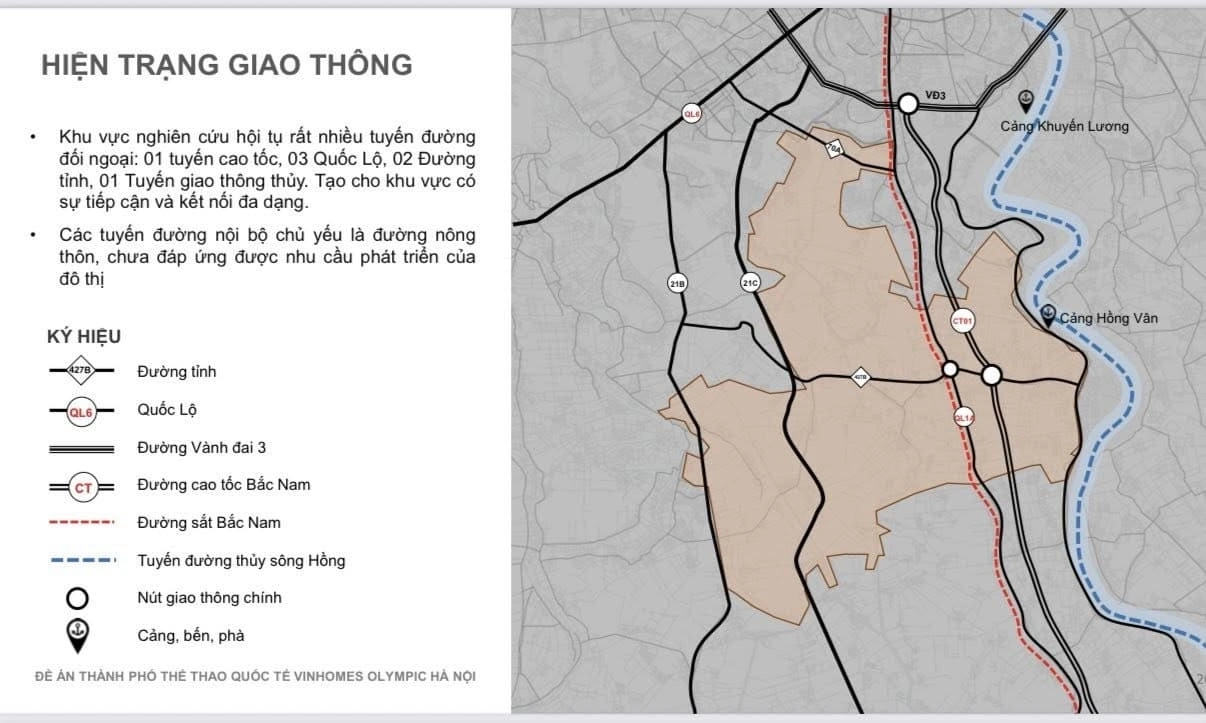 Bản đồ hiện trạng giao thông khu vực dự án, thể hiện các tuyến đường quốc lộ, đường vành đai, đường sắt và các nút giao thông chính.