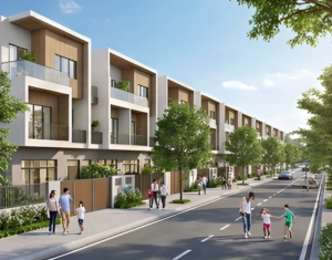 Phối cảnh dãy nhà liền kề biệt thự hiện đại với kiến trúc tối giản và không gian sống xanh mát