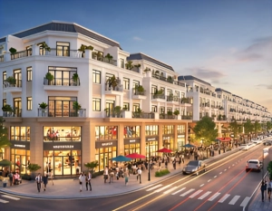 Phối cảnh dãy nhà phố thương mại shophouse hiện đại với kiến trúc sang trọng và mặt tiền kinh doanh sầm uất