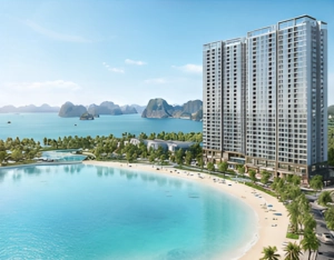 Phối cảnh tòa nhà căn hộ cao tầng hiện đại nằm cạnh bãi biển cát trắng và vịnh biển xanh ngọc