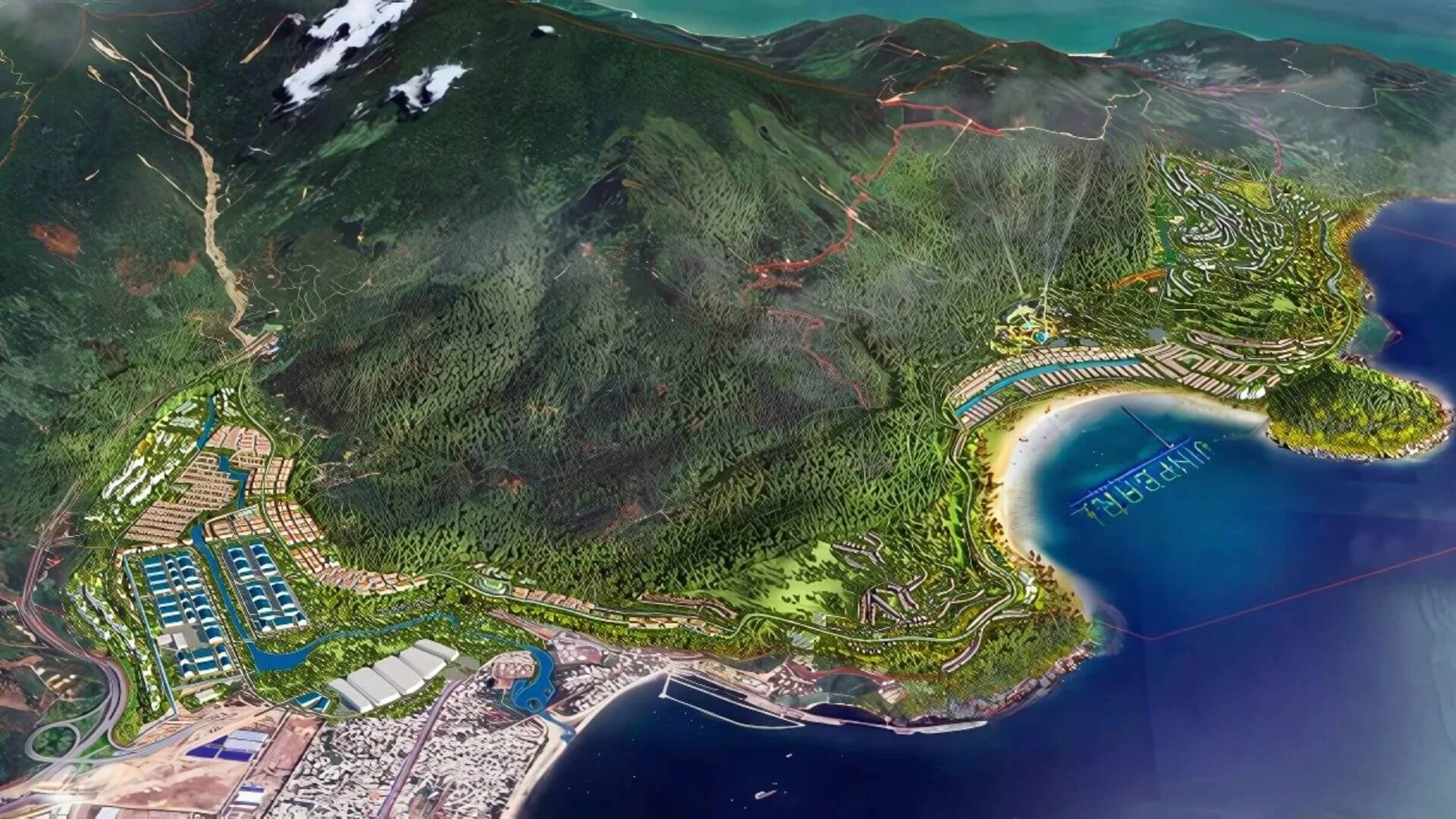 Bản đồ quy hoạch tổng thể dự án khu đô thị ven biển và núi, với các khu dân cư, bãi biển và đường giao thông