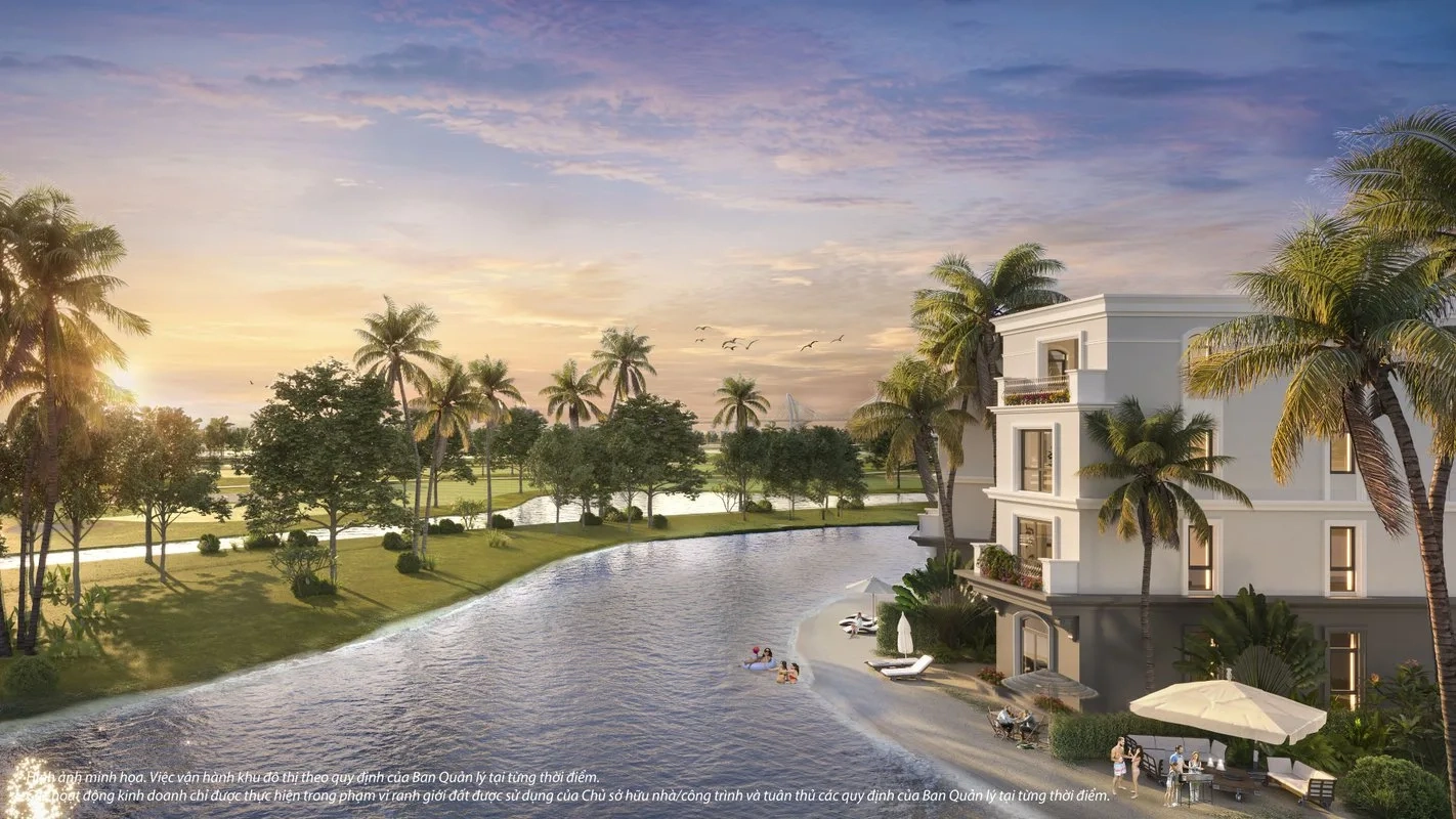 Phối cảnh biệt thự ven sông với bãi cát nhân tạo, hàng dừa xanh mát và mặt trời lặn