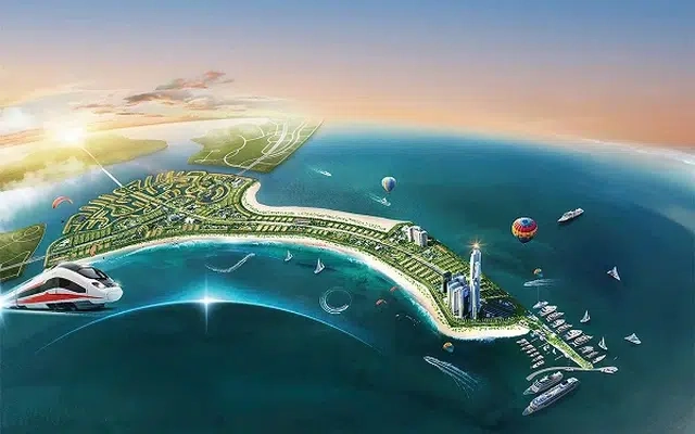 Bản đồ quy hoạch tổng thể khu đô thị đảo nhân tạo với các tiện ích như bến du thuyền, tàu điện và khinh khí cầu
