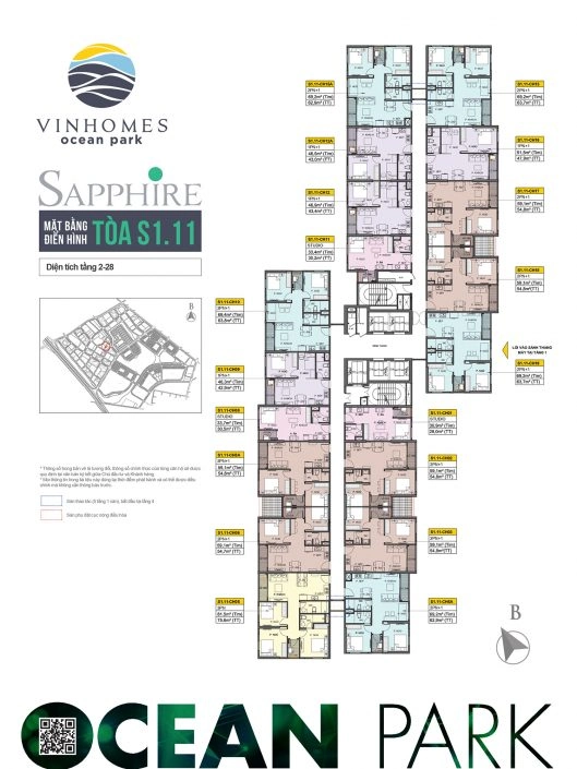 Mặt bằng điển hình tòa S1.11 Vinhomes Ocean Park Sapphire từ tầng 2-28 với sơ đồ các căn hộ.