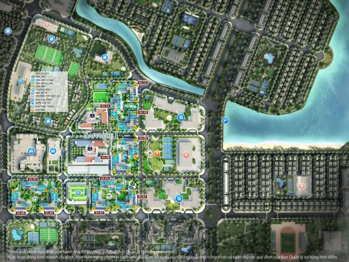 Bản đồ quy hoạch chi tiết phân khu Sapphire 1 với các tòa nhà và tiện ích nội khu