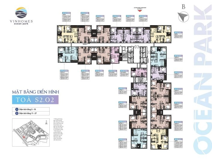 Mặt bằng điển hình tòa S2.02 dự án Vinhomes Ocean Park với các căn hộ và diện tích chi tiết