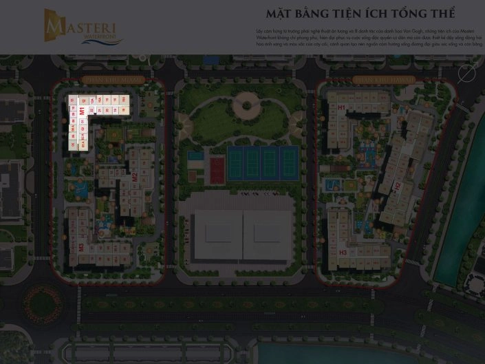 Mặt bằng tiện ích tổng thể khu đô thị, hiển thị vị trí các tòa nhà và khu vực giải trí