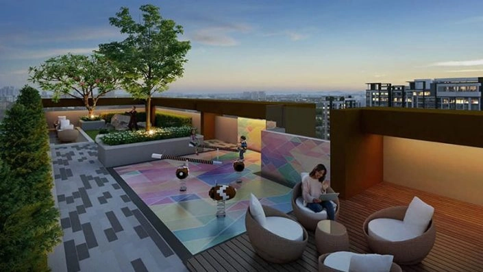 Sân chơi trẻ em và khu vườn trên mái với không gian xanh và ghế thư giãn